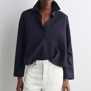 COS Flared Cotton Jersey Long Wide Sleeves Polo Shirt Top Relaxed Navy Large